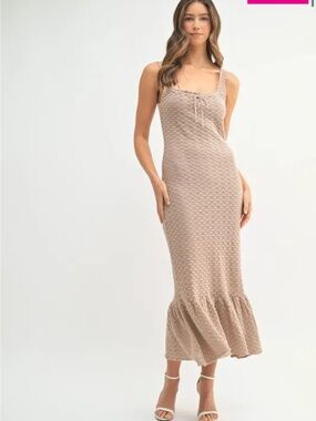 MARBLE Taupe Crochet Knit Maxi Dress with Ruffle Hem